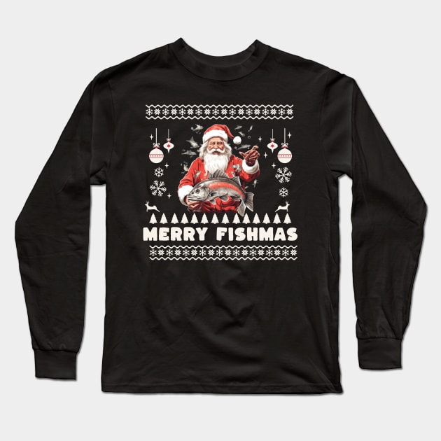 Merry Fishmas Santa Fishing Ugly Christmas Sweater Long Sleeve T-Shirt by VisionDesigner